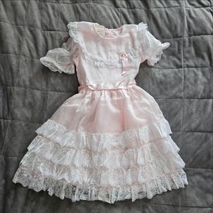 Vintage Kids Pink Nylon and White Lace Party Dress
